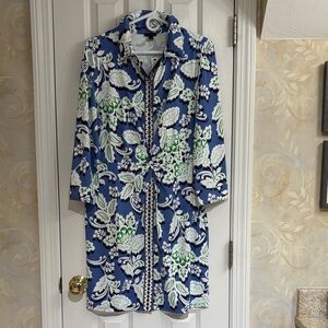 Talbots Floral Blue and Green Front Buttoned Dress with Twist Front Detail